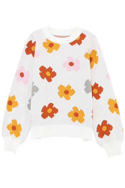 White Sweet Flower Knitted Ribbed Hem Sweater