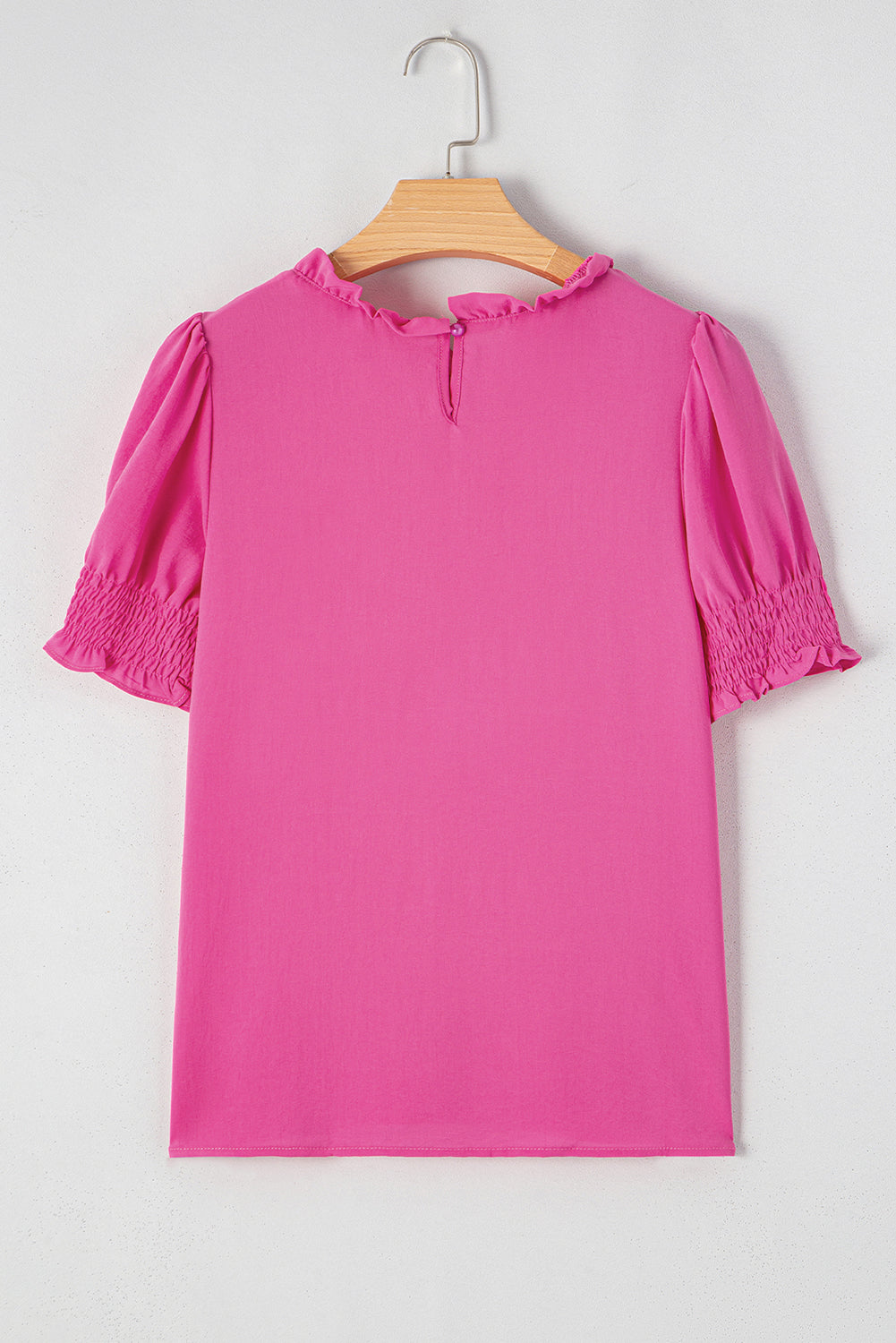 Rose Solid Color Smocked Puff Sleeve Blouse