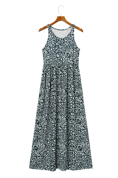 Gray Leopard Print Pocketed Sleeveless Maxi Dress