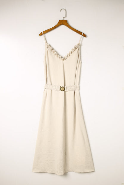 Apricot V Neck Sleeveless Maxi Dress with Elastic Belt