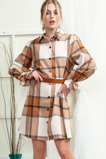 Brown Plaid Collared Ruffle Sleeve Button Up Shirt Dress