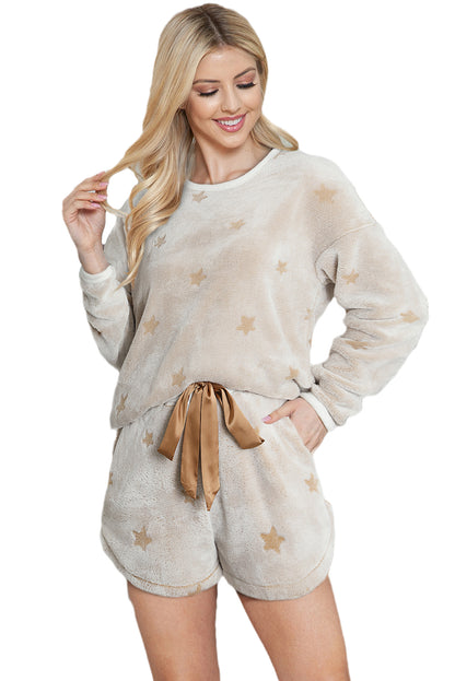 White Star Print Long Sleeve Top & Shorts Loungewear Set