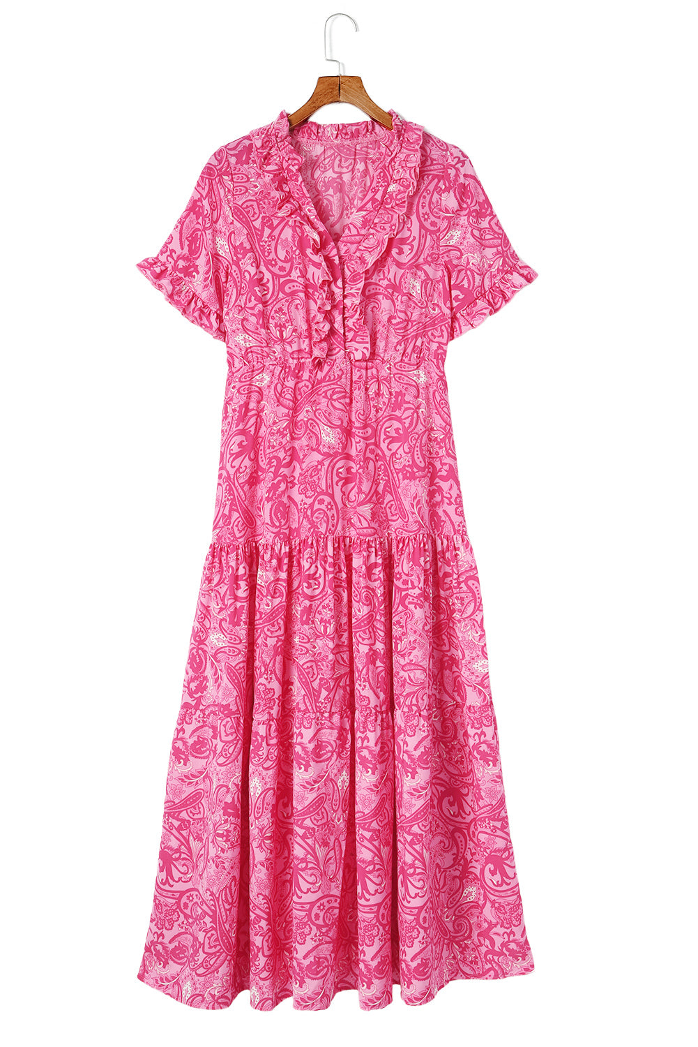 Pink Paisley Print Boho Holiday Ruffle Tiered Maxi Dress