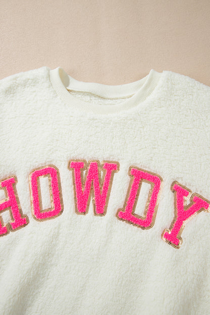 Beige Sherpa HOWDY Patched Pullover Sweatshirt