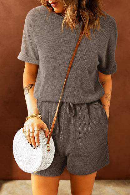 Gray Solid Casual Ribbed Elastic Waist Romper