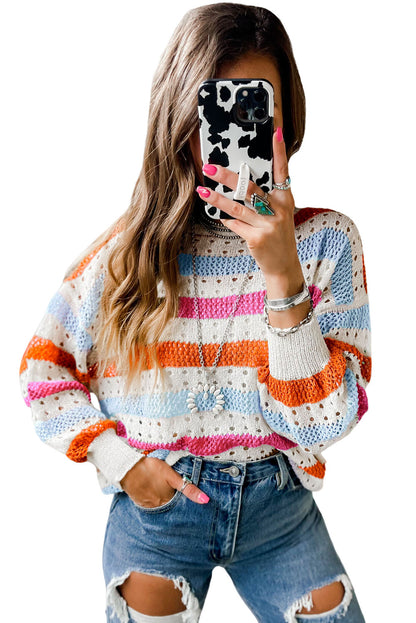 Multicolor Striped Hollowed Knitted Loose Sweater