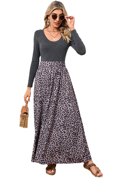 Black and Leopard Print Long Sleeve Boho Maxi Dress