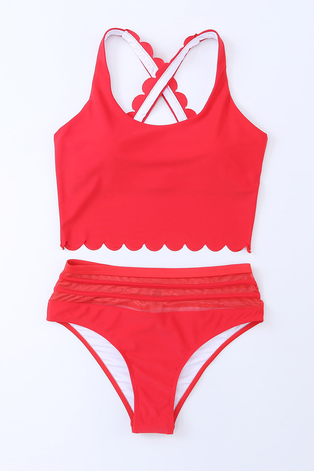 Fiery Red Scalloped Criss Cross High Waist Bikini