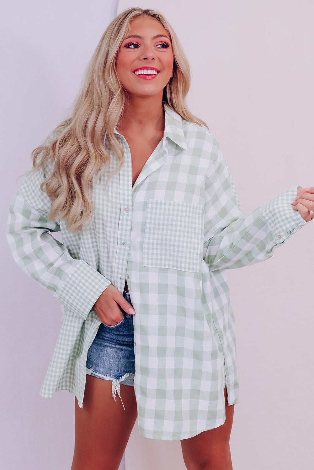 Green Mix Checked Patchwork Long Sleeve Shirt