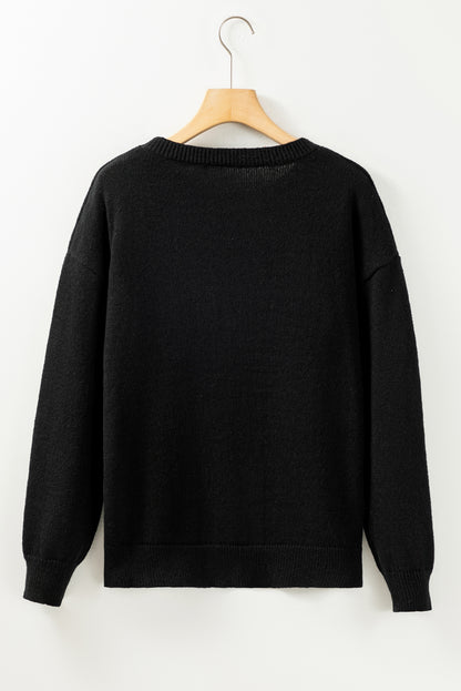 Black Holly Jolly Round Neck Casual Sweater