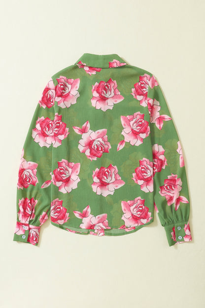 Green Floral Print Pleated Detail Puff Sleeve Shirt