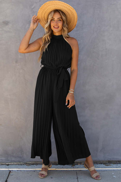 Black Elegant Halter Neck Belted Pleated Wide Leg Jumpsuit