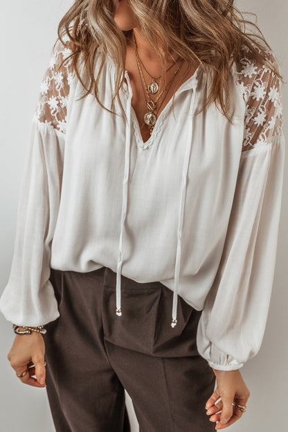 White Floral Lace Patchwork Puff Sleeve Tied V Neck Blouse