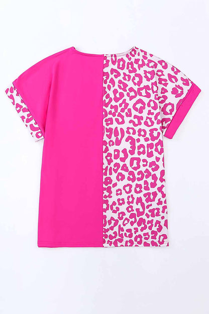 Rose Half Leopard Patchwork Short Sleeves Top