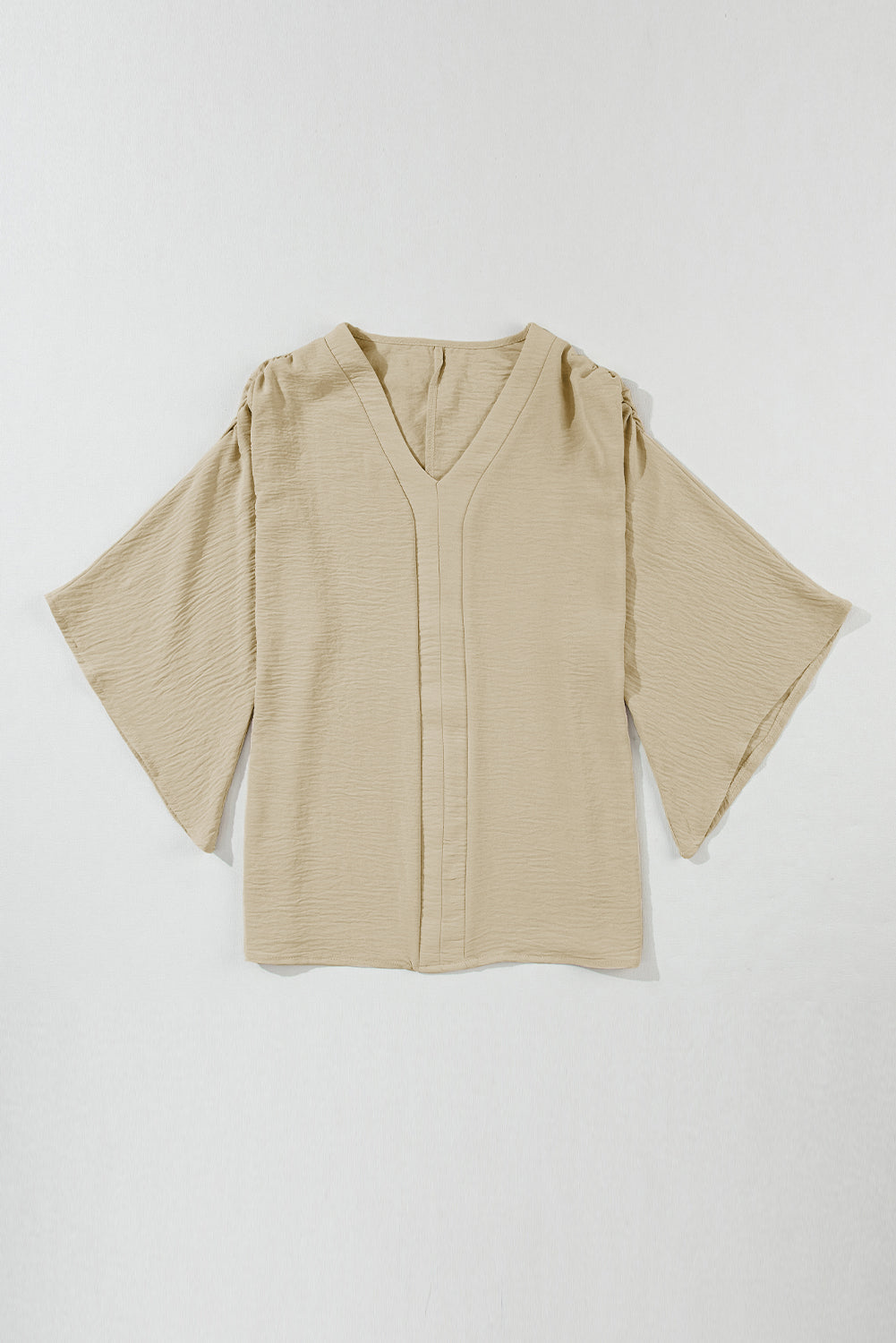 Parchment Solid V Neck Wide Sleeve Crinkled Blouse