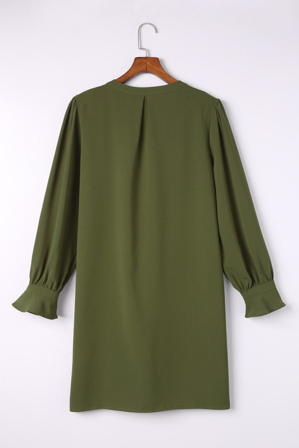 Green Split V Neck Ruffled Sleeves Shirt Dress