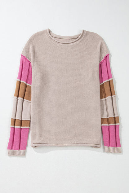 Simply Taupe Colorblock Exposed Seam Round Neck Sweater