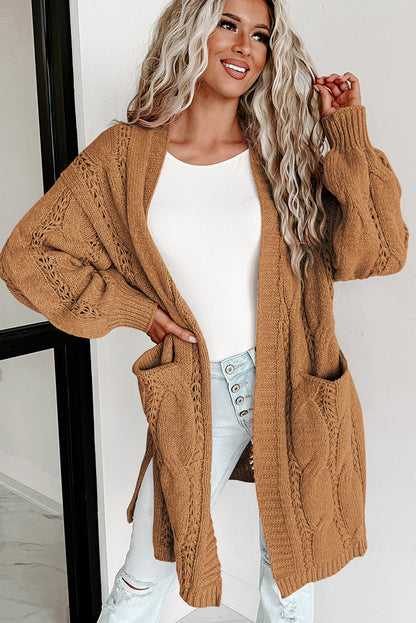 Red Ribbed Trim Hollow Knit Side Slits Cardigan