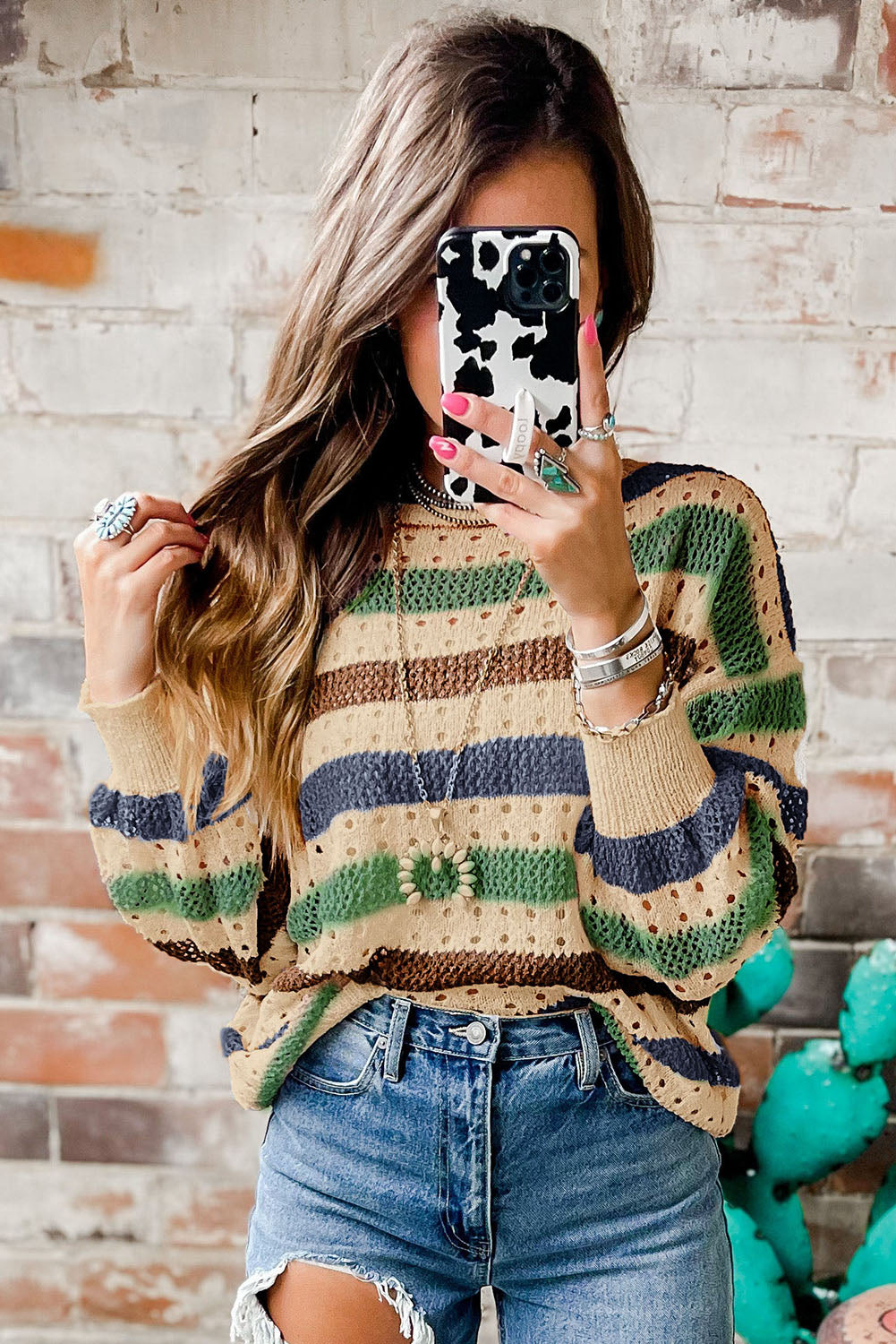 Multicolor Striped Hollowed Knitted Loose Sweater