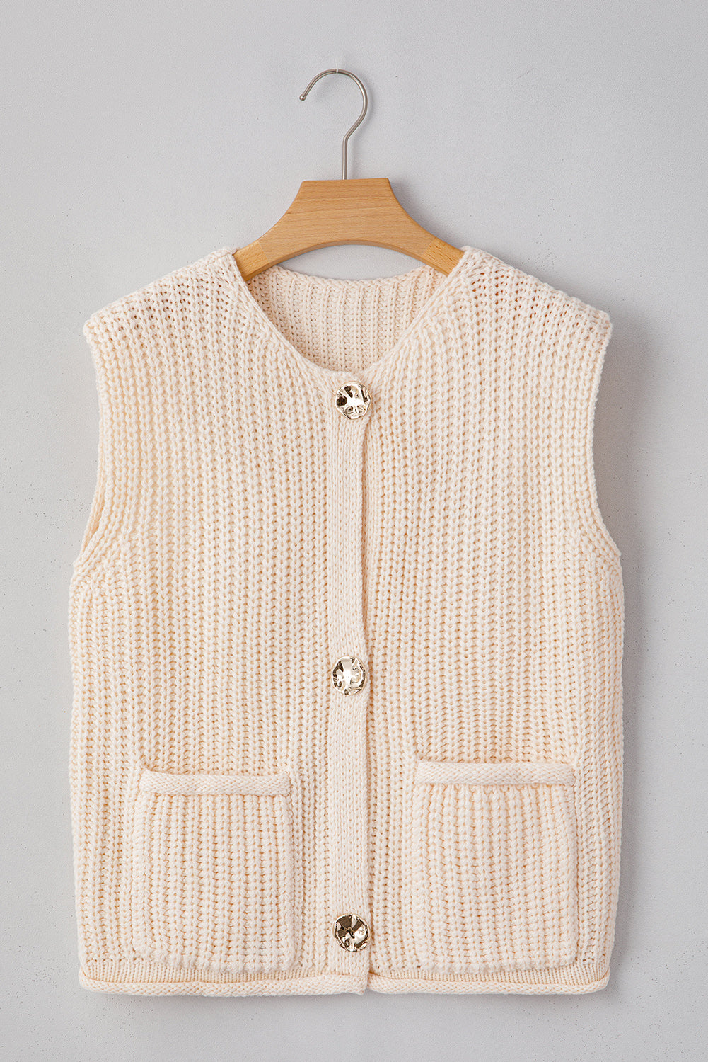 White Solid Textured Knit Side Pockets Buttoned Sweater Vest