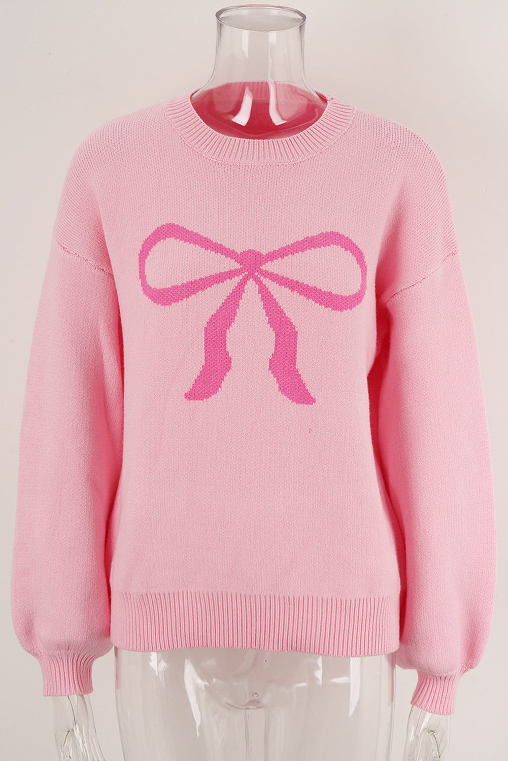 Pink Bow Graphic Drop Shoulder Round Neck Sweater