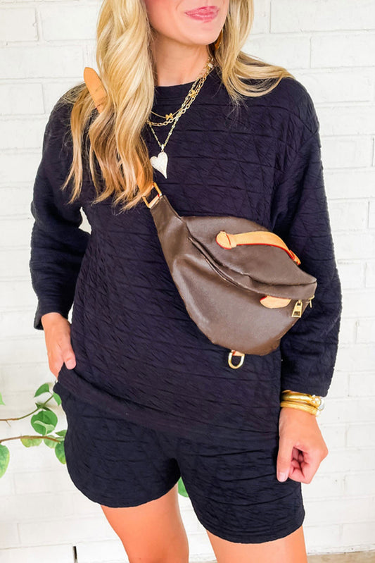 Black Quilted Long Sleeve Top and Shorts Set