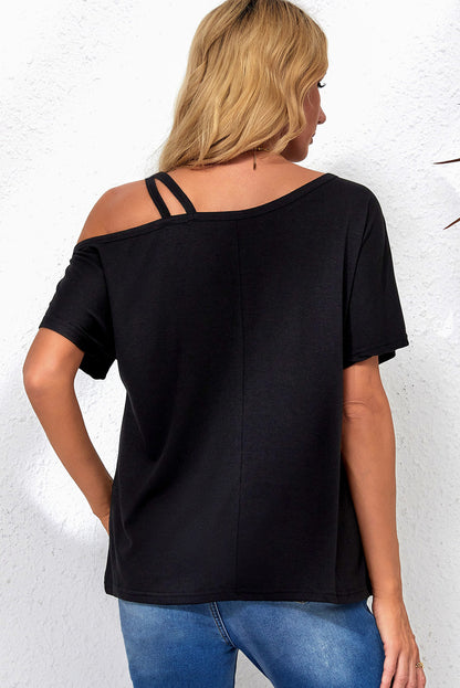 Black Asymmetric Criss Cross One Shoulder T Shirt