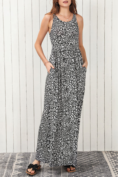 Gray Leopard Print Pocketed Sleeveless Maxi Dress