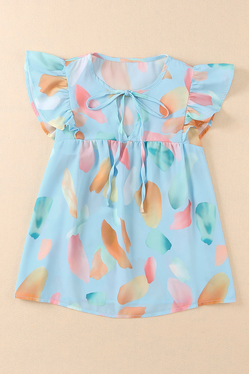 Sky Blue Splotches Pattern Ruffled Cap Sleeve Shift Top