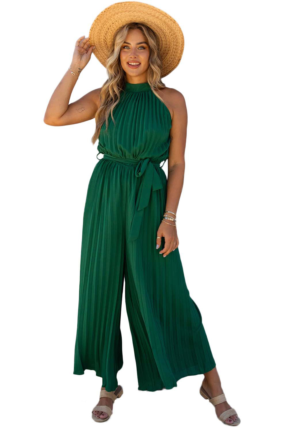 Black Elegant Halter Neck Belted Pleated Wide Leg Jumpsuit