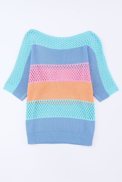 Sky Blue Knitted Eyelet Colorblock Striped Half Sleeves Top