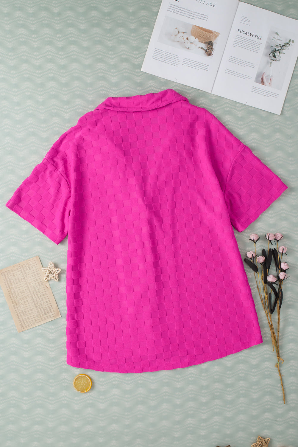 Bright Pink Lapel Neck Checkered Textured Short Sleeve Shirt