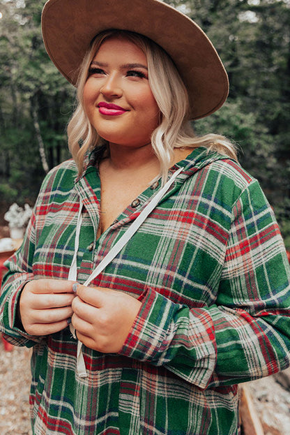 Red Plus Size Plaid Kangaroo Pocket Drawstring Hoodie