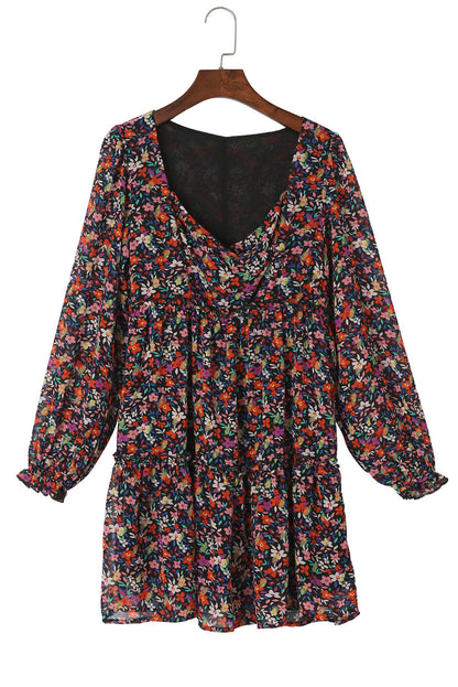 Wrapped V Neckline Long Sleeve Floral Dress