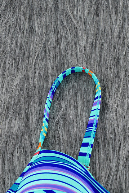 Sky Blue & Stripe Print Sexy Twisted Bikini Set