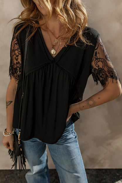 Black Eyelash Lace Sleeve V Neck Ruffle Babydoll Top