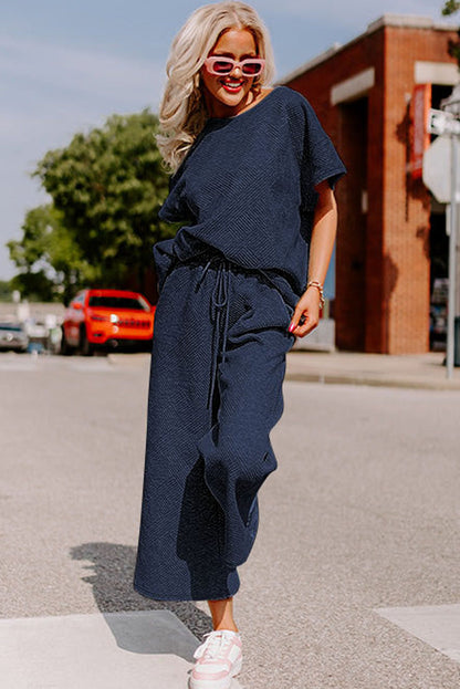 Black Textured Loose Fit T Shirt and Drawstring Pants Set