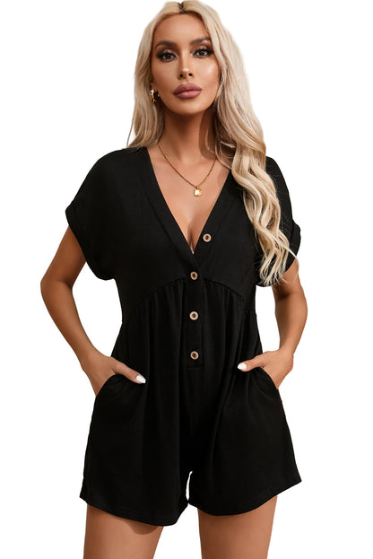 Black V Neck Buttons Loose Cuffed Short Sleeve Romper