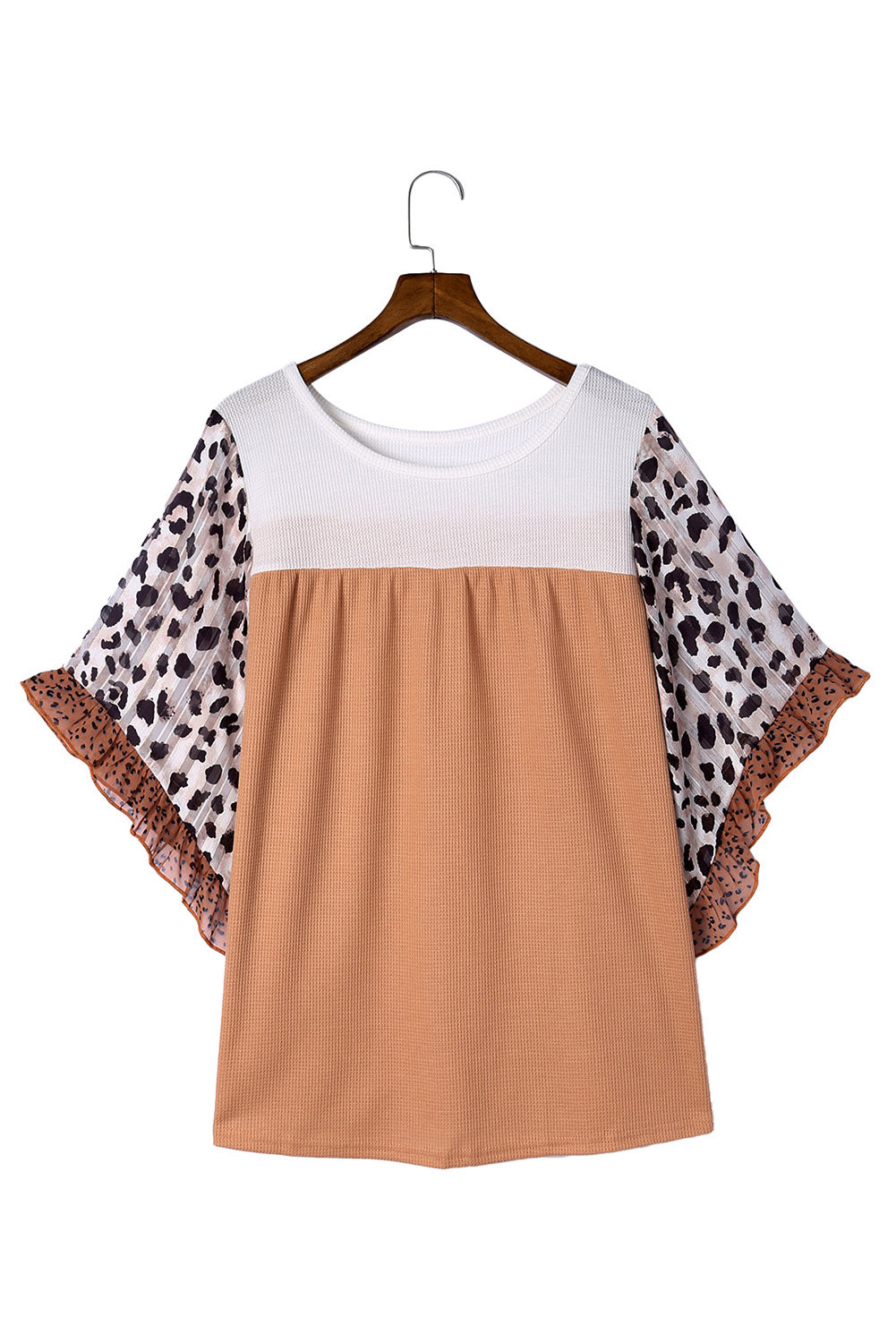 Black Rib Knit Animal Print Ruffle Sleeves Plus Size Top