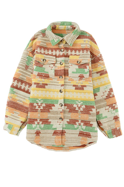 Multicolor Button Up Flap Pockets Geometric Jacket for Women