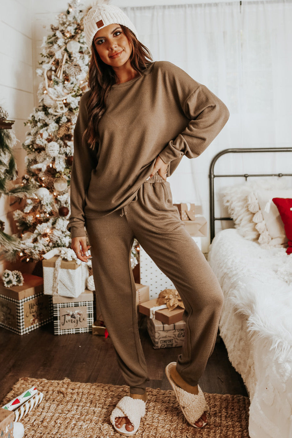 Red Casual Long Sleeve Pullover & Joggers Pajamas Set