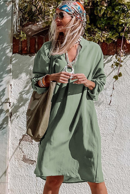 Green Roll-tab Sleeve Flowy Casual Dress