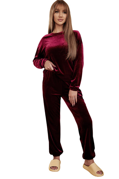 Fiery Red Solid Velvet Two Piece Lounge Set