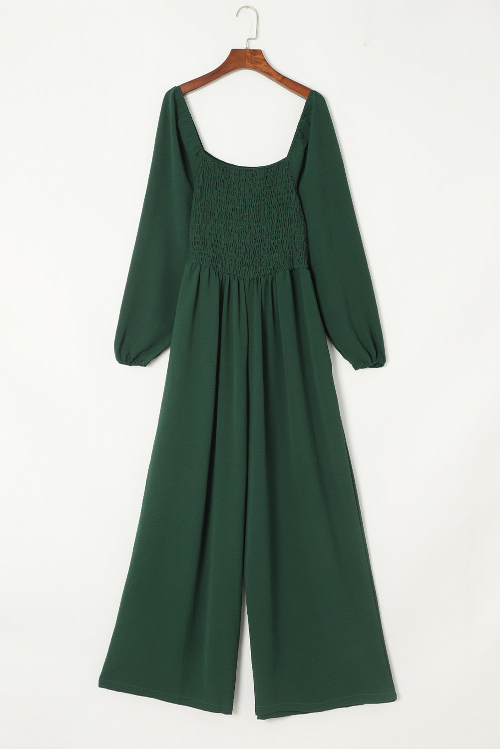 Green Smocked Square Neck Long Sleeve Wide Leg Jumpsuit