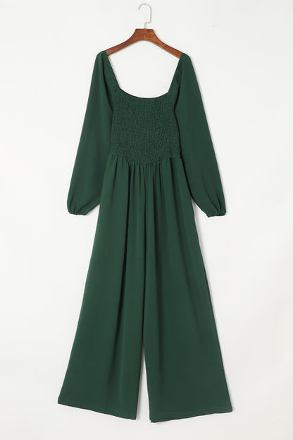 Green Smocked Square Neck Long Sleeve Wide Leg Jumpsuit