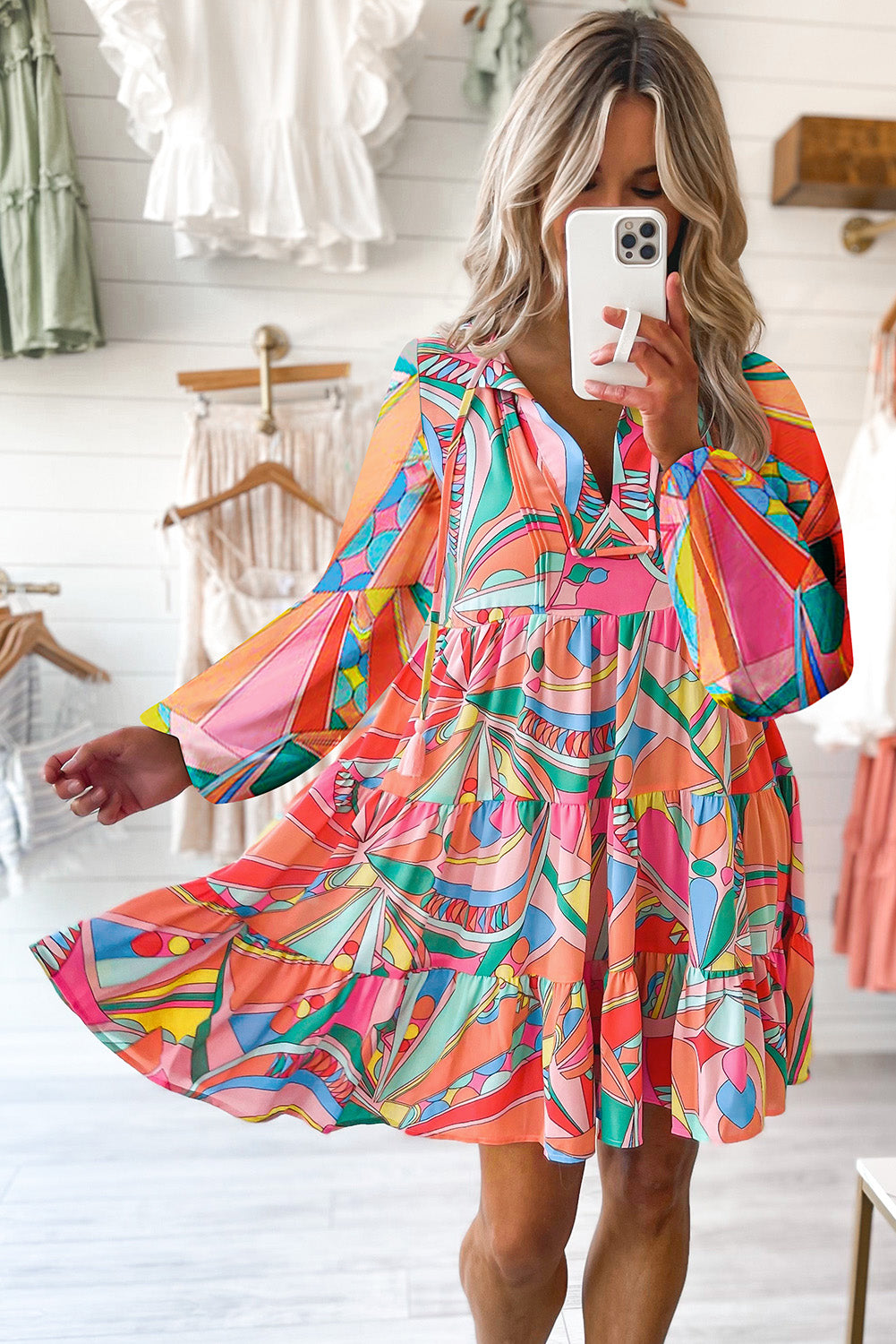 Multicolor Geometric Print Split Neck Ruffle Tiered Mini Dress