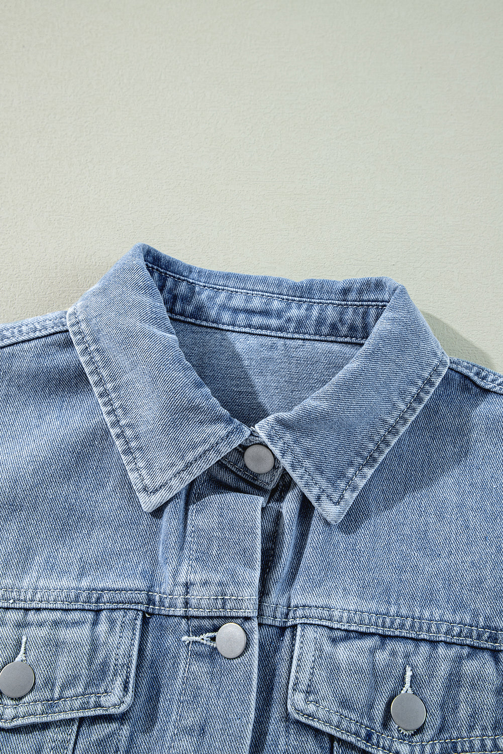 Beau Blue Ruffle Raw Hem Flap Pockets Denim Jacket