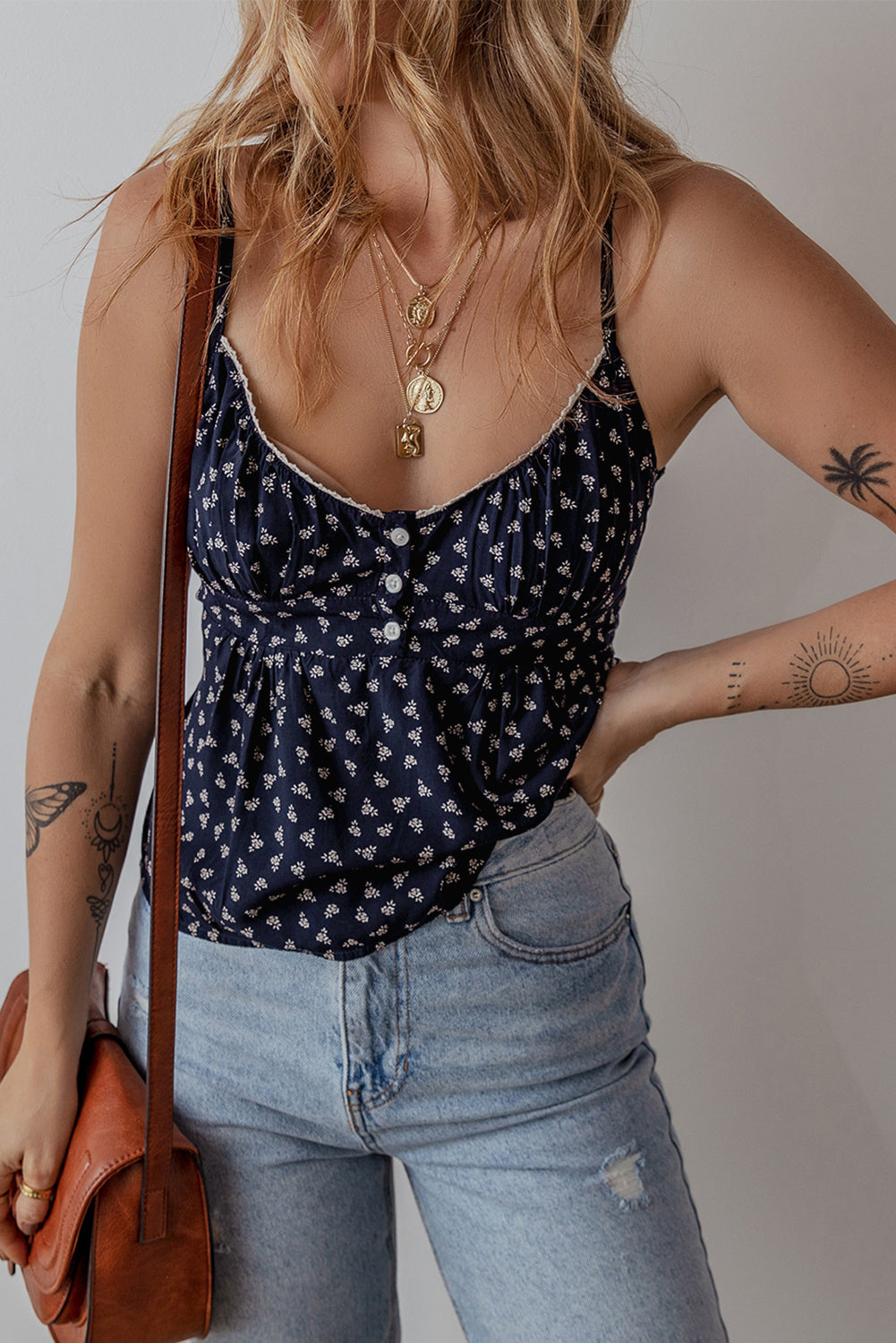 Blue Floral Print Spaghetti Strap Buttoned V Neck Tank Top