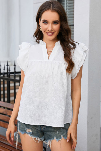 White Ruffle Accent Flutter Sleeve Notch Neck Top