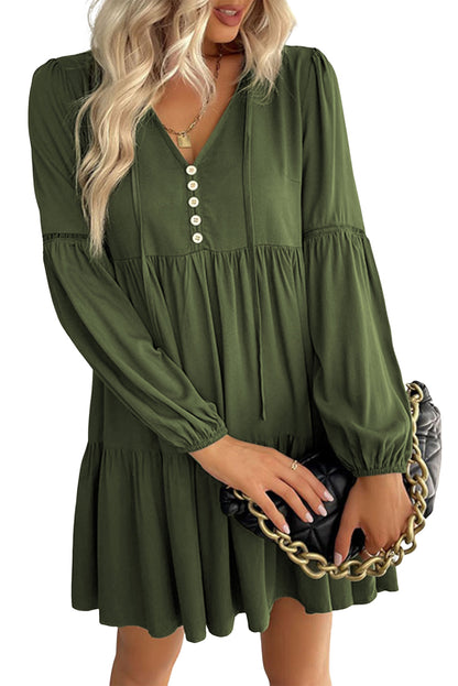 Green Lace Puff Sleeve Buttoned Tiered Ruffled Mini Dress